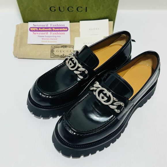 Gucci Interlocking G Chain 10.5/ US 11 Loafers Black Leather Lug Sole Shoes NIB - Picture 6 of 16